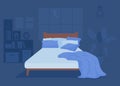 Dark bedroom with unmade bed flat color vector illustration Royalty Free Stock Photo