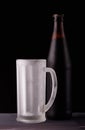 Dark beer in bottle and empty frost-coated mug. Royalty Free Stock Photo