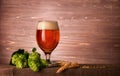 Dark beer glass with foam and green hop plant cones on wooden background with copy space Royalty Free Stock Photo