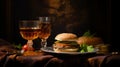 Dark Beige And Amber Still-life: Hamburger And Wine Plate