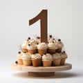 Dark Beige Cupcakes On Wooden Stand With Number 1 - Monochromatic Composition