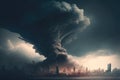 Dark, billowing clouds of smoke and debris, covering a city skyline after a destructive tornado, concept, AI generation