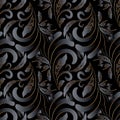 Dark black 3d vintage floral seamless pattern. Surface ornamental patterned background. Hand drawn damask flowers, leaves. Decor