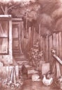 Chickens in the yard near the barn. Pencil drawing