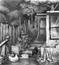 Chickens in the yard near the barn. Pencil drawing