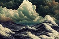 dark black ocean scenery with clouds in background, ai generated image