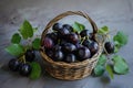 Dark Black plums basket. Generate Ai Royalty Free Stock Photo