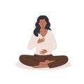 Dark black skin female with crossed legs and closed eyes doing diaphragm breathing. Black woman practice deep belly