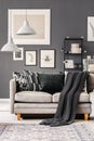 Dark blanket and pillows on grey corner sofa in contemporary living room interior with grey wall Royalty Free Stock Photo