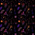 Dark blooms background with watercolor painted flowers and branches. Textile and paper seamless pattern. Black backdrop