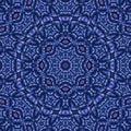 Dark blue abstract square mandala background. Seamless pattern ornament. Geometric symmetry.