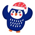 Dark blue baby penguin wearing red and white hat. Orange beak and feet. Hands up Flat cartoon style. Cute and funny. Merry