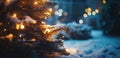 A dark blue backdrop featuring a starry sky and blurred snow frames a Christmas tree with glowing lights and a bokeh Royalty Free Stock Photo