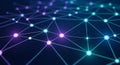 Abstract network of glowing nodes and connecting lines in purple and cyan on a dark blue background Royalty Free Stock Photo