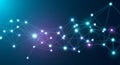 Abstract interconnected network of glowing white and purple nodes connected by thin lines on a dark blue background Royalty Free Stock Photo