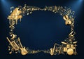 A dark blue background features a decorative border composed of various golden musical instruments Royalty Free Stock Photo