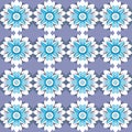 Dark blue background filled with repeating flowery motif in white and pastel shades, creating playful
