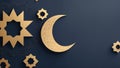Dark blue background with golden stylizing crescent moon and stars. Web banner with copy space. Greeting card concept of Royalty Free Stock Photo