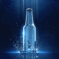 Dark blue background with gowing beer bottle and crystal clear water splash. Night club party concept render.