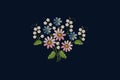 Dark blue background with a pattern for embroidery a bouquet of white flowers with violets and Margarita flowers on twigs and leav