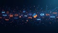 Programming languages and logos displayed on a dark blue background with connected dots design Royalty Free Stock Photo