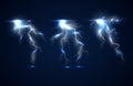 On a dark blue background sparkling lightning with electric effect and shining particles from the discharge.EPS10 vector Royalty Free Stock Photo