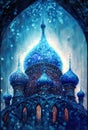 Dark blue background with temple or church, glowing mysterious illustration