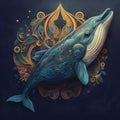 Dark Blue Background with a Whale Breaching and Ornate Decorative Elements Royalty Free Stock Photo