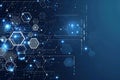 Dark blue background with white hexagon elements and digital technology symbols, creating an abstract technology-inspired ban Royalty Free Stock Photo