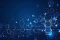 Dark blue background with white hexagon elements and digital technology symbols, creating an abstract technology-inspired ban Royalty Free Stock Photo