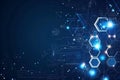 Dark blue background with white hexagon elements and digital technology symbols, creating an abstract technology-inspired ban Royalty Free Stock Photo
