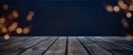 Dark blue bokeh background with wooden stage