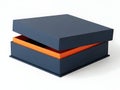 Dark blue box with orange interior layer and dark red inner surface is slightly ajar on white background Royalty Free Stock Photo