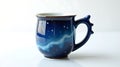 Dark blue ceramic mug with starry night design and unique handle, isolated on white background Royalty Free Stock Photo