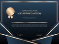 Dark blue certificate template with gold badge and frame. Royalty Free Stock Photo