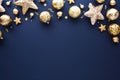 Dark blue Christmas background with golden stars, baubles, confetti. Merry Christmas or Happy New Year holiday frame, banner Royalty Free Stock Photo