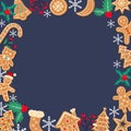 Dark blue Christmas gingerbread background. Xmas design with winter cookies