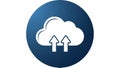 Cloud Upload Icon with Arrows in Dark Blue Circle on White Background data storage Royalty Free Stock Photo