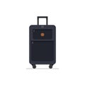 Dark blue cloth suitcase on wheels with telescopic handle. Large travel bag. Baggage of tourist. Traveler luggage. Flat vector