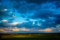 Dark blue clouds moving over green fields. Rural landscape Royalty Free Stock Photo