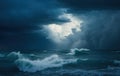 Dark blue clouds and sea or ocean water surface with foam waves before storm, dramatic seascape