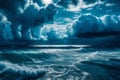 Dark blue clouds and sea or ocean water surface with foam waves before storm, dramatic seascape