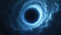 Dark blue clouds spiral around a deep black hole or void. Bright electric light glows inside the cosmic tunnel. This abstract Royalty Free Stock Photo