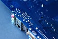 Dark blue computer motherboard closeup in tilt shift style Royalty Free Stock Photo