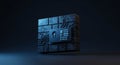 Dark Blue Cube with Circuit Board and Security Icons Royalty Free Stock Photo