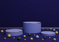 Dark blue 3D rendering of three podium stands product display with golden lines and colorful marbles for product presentation or Royalty Free Stock Photo