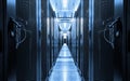 Dark blue data centre interior with rows of hardware equipment. Specialized building for hosting server and network equipment and Royalty Free Stock Photo