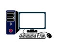 Dark blue desktop computer tower monitor keyboard and mouse with power button vector Royalty Free Stock Photo