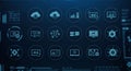 Dark blue digital interface featuring a grid of 18 technology-themed icons within Royalty Free Stock Photo