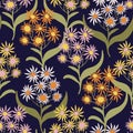 Dark blue with ditsy florals and their leaves seamless pattern background design.